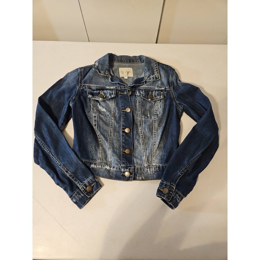Jessica Simpson Womens Size XS Faded Blue Distressed Denim  Jean Jacket Y2k(1174